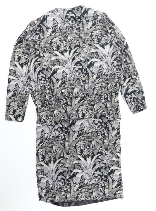 St Michael Womens Grey Geometric Viscose Sheath Size 14 V-Neck Zip
