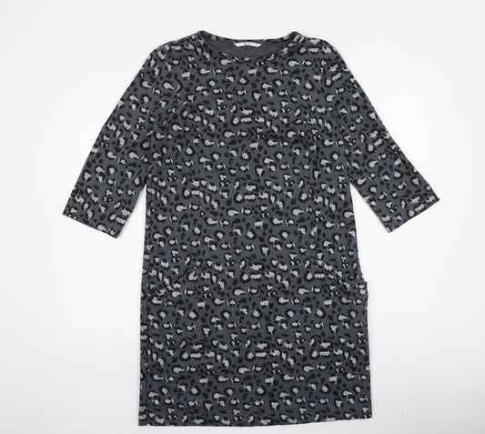 TU Womens Grey Animal Print 100% Cotton A-Line Size 12 Round Neck Pullover - Leopard Pattern