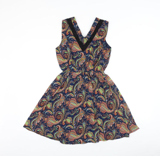 Mela Loves London Womens Blue Paisley Polyester A-Line Size 8 V-Neck Pullover