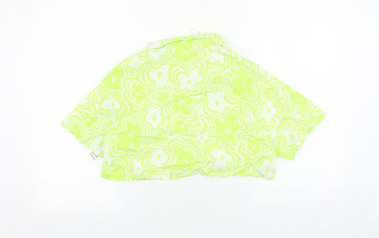 Bershka Womens Green Floral 100% Cotton Cropped Blouse Size 10 Collared