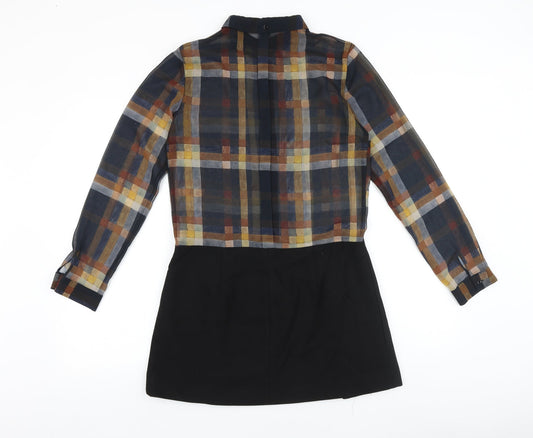 Zara Womens Black Plaid Viscose Shirt Dress Size S Collared Button