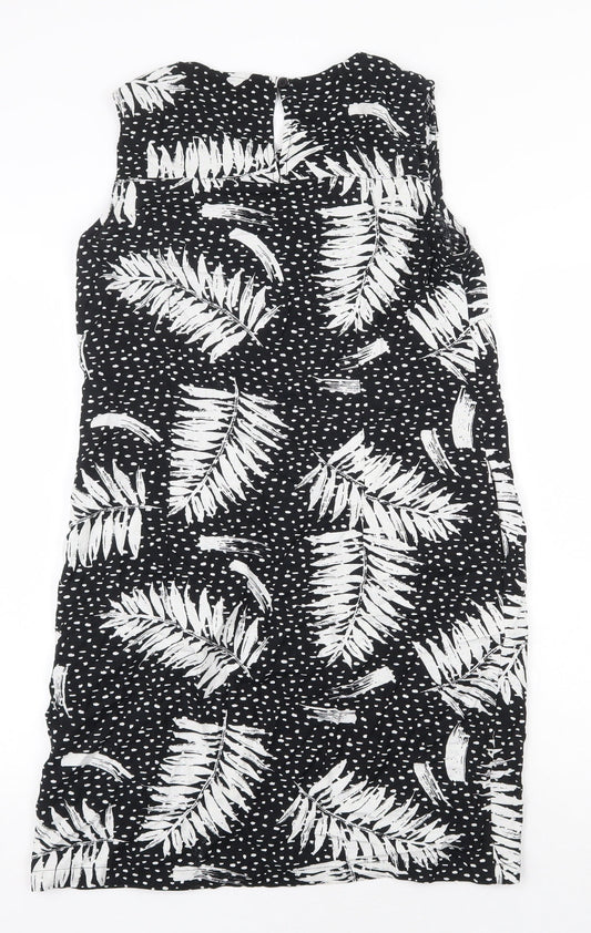 Capsule Womens Black Geometric Viscose Shift Size 10 Boat Neck Button - Leaf Pattern