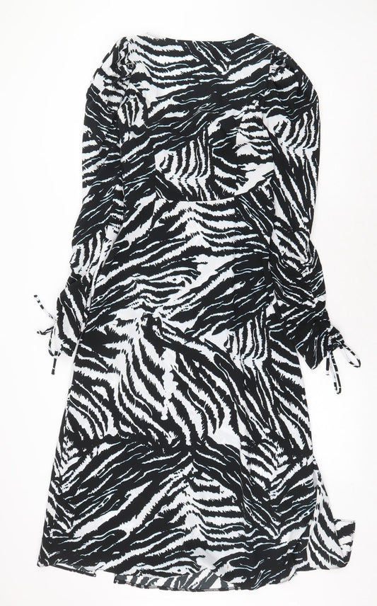Topshop Womens Black Animal Print Polyester A-Line Size 8 V-Neck Tie - Zebra Print
