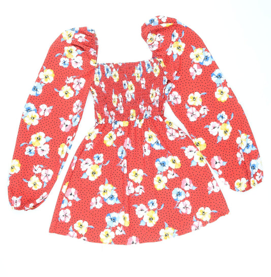 Missguided Womens Red Floral Polyester Skater Dress Size 8 Square Neck Pullover - Shirred Top