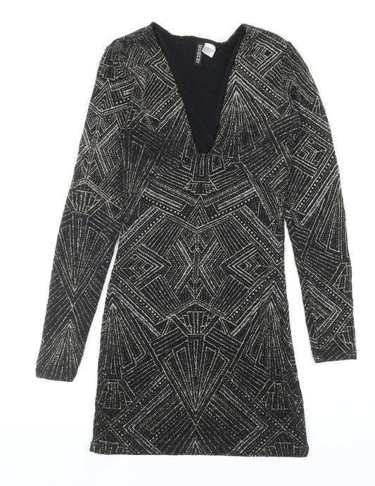 Divided by H&M Womens Black Geometric Polyamide Bodycon Size 8 V-Neck Pullover