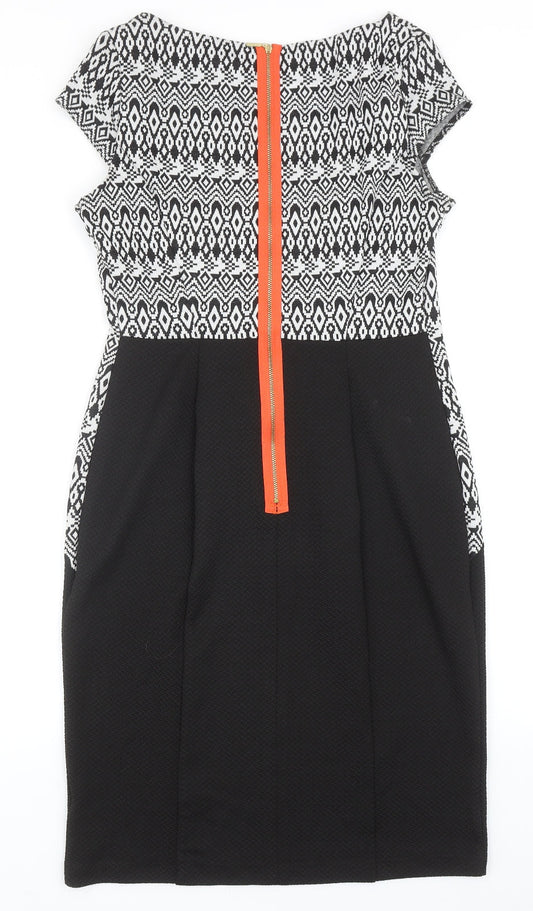 George Womens Black Geometric Polyester Pencil Dress Size 14 Boat Neck Zip