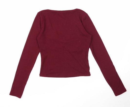 FOREVER 21 Womens Purple Cotton Basic T-Shirt Size L V-Neck - Knot Detail