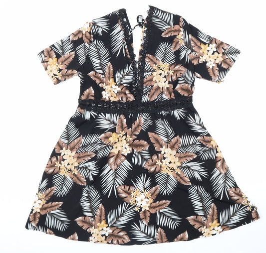SheIn Womens Black Floral Polyester Fit & Flare Size 8 V-Neck Zip