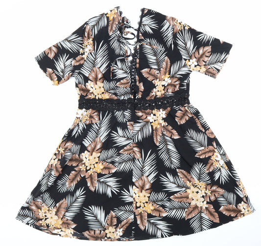 SheIn Womens Black Floral Polyester Fit & Flare Size 8 V-Neck Zip