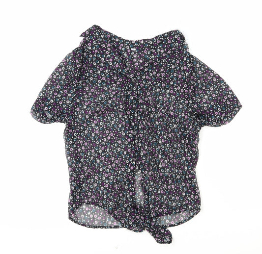 Debenhams Womens Black Floral Polyester Basic Button-Up Size 12 Collared - Knot Front