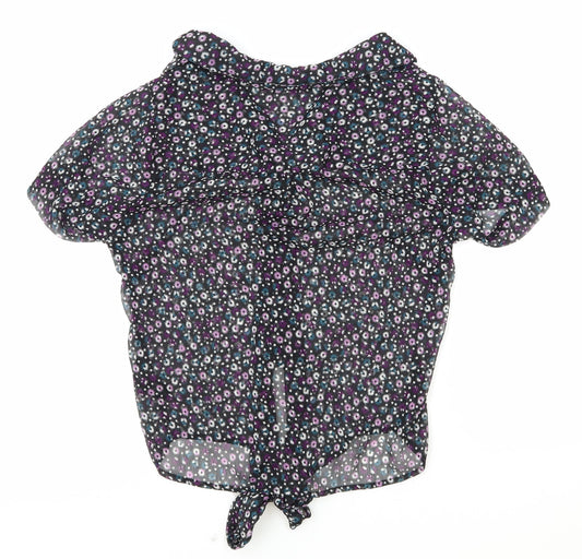 Debenhams Womens Black Floral Polyester Basic Button-Up Size 12 Collared - Knot Front