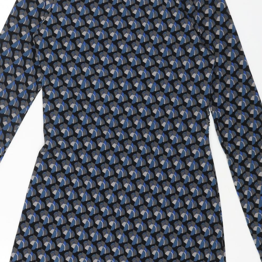 Lily & Me Womens Blue Geometric Viscose Fit & Flare Size 10 V-Neck Pullover