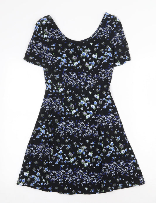 H&M Womens Black Floral Cotton Fit & Flare Size 10 Boat Neck Pullover