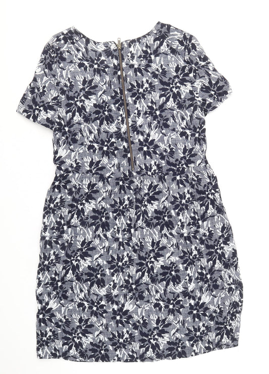 John Lewis Womens Blue Floral Viscose Shift Size 10 Boat Neck Zip