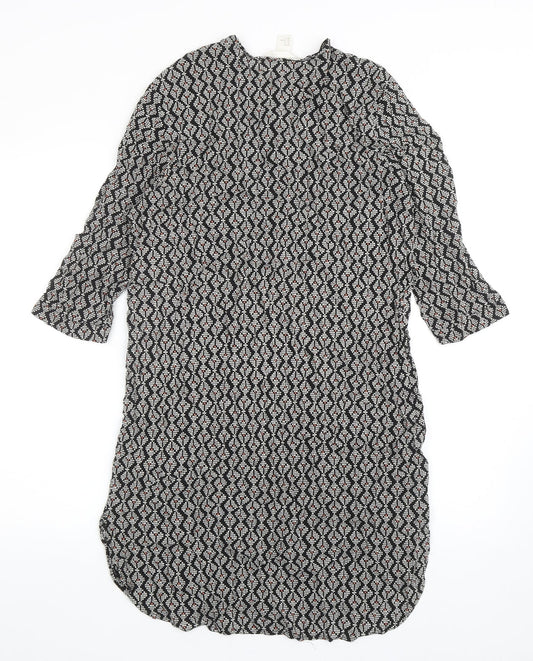 H&M Womens Black Geometric Viscose Kaftan Size 10 Round Neck Button