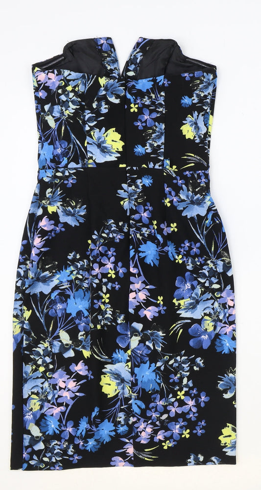 Miss Selfridge Womens Black Floral Polyester Pencil Dress Size 8 Square Neck Zip