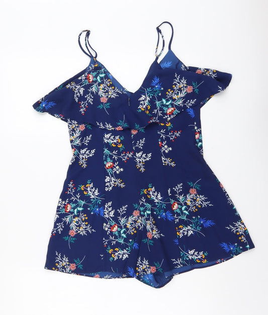 Back view of FOREVER 21 women’s blue floral polyester playsuit one-piece, size S, zip