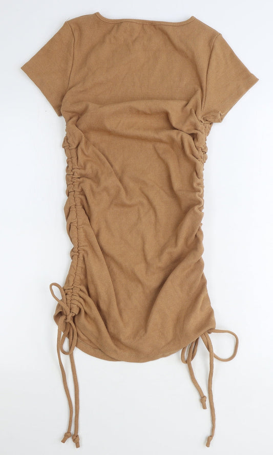 PRETTYLITTLETHING Womens Beige Cotton Bodycon Size 8 Boat Neck Pullover