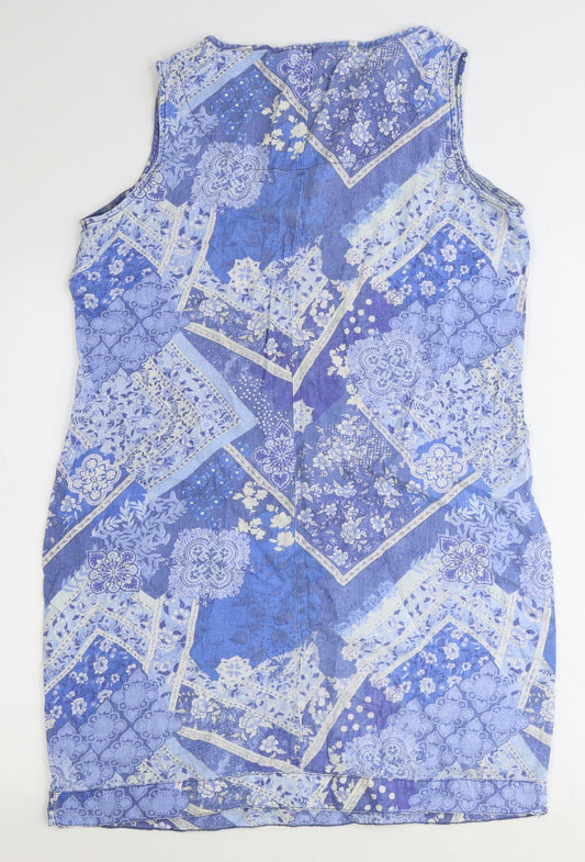 Isle Collection Womens Blue Geometric Linen Shift Size 12 V-Neck Pullover
