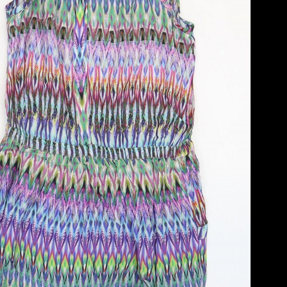 Brand and care label for NEXT women’s multicoloured geometric viscose mini, size UK 8, square neck tie