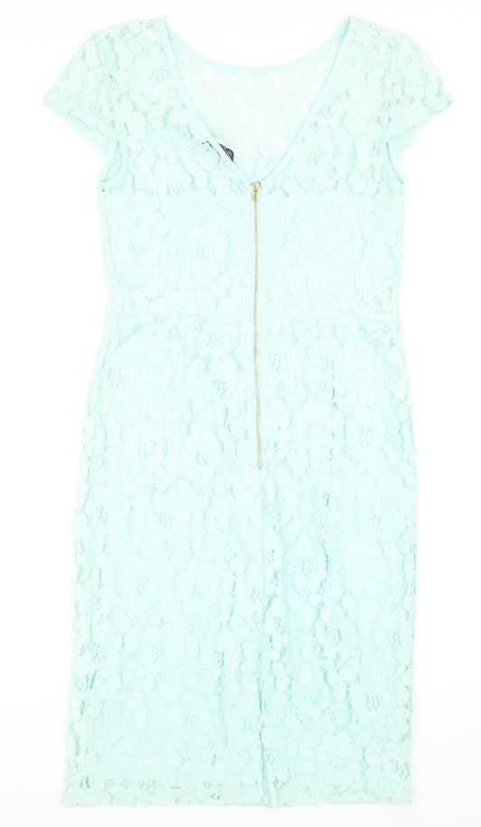Dorothy Perkins Womens Green Nylon Pencil Dress Size 10 Round Neck Zip - Lace Detail