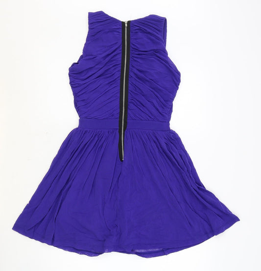 Topshop Womens Blue Nylon Skater Dress Size 8 Round Neck Zip