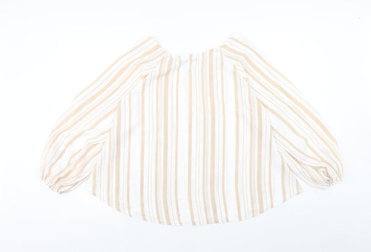 Boohoo Womens White Striped Polyester Basic Blouse Size 8 Boat Neck