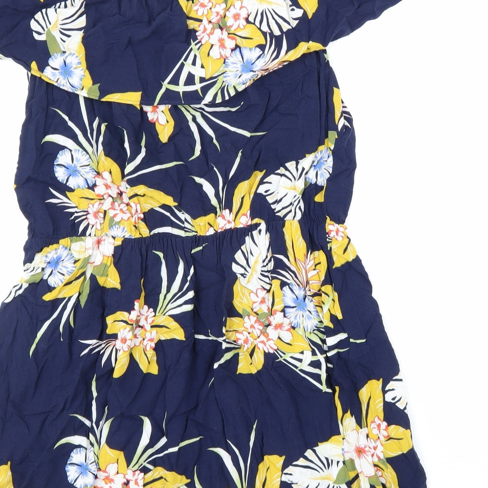 Preworn Womens Blue Floral Viscose Fit & Flare Size L Off the Shoulder Button
