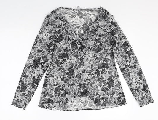 M&Co Womens Grey Geometric Polyester Basic Blouse Size 14 V-Neck