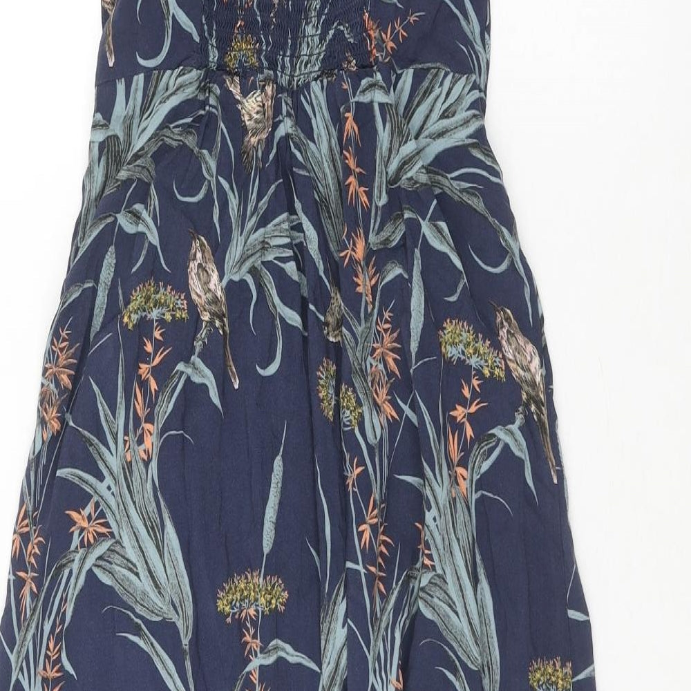 Warehuse Womens Blue Floral Viscose A-Line Size 6 Square Neck Button - Shirred Back