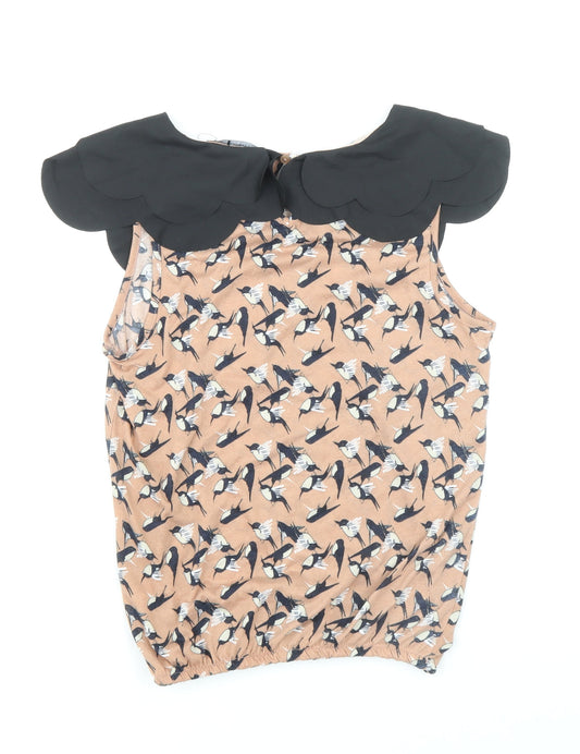 Atmosphere Womens Brown Geometric Polyester Basic Blouse Size 10 Collared - Bird Print Elastic Hem