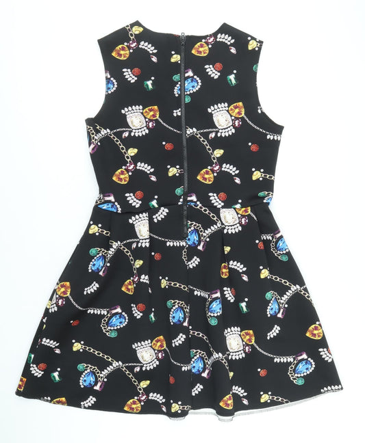 H&M Womens Black Geometric Polyester Skater Dress Size L Round Neck Zip