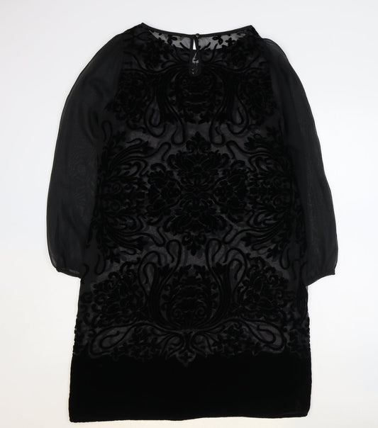 Marks and Spencer Womens Black Paisley Viscose Sheath Size 12 Boat Neck Button - Sheer Sleeves