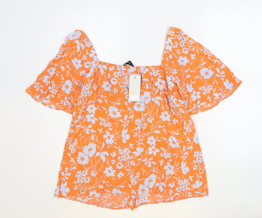 F&F Womens Orange Floral Viscose Basic Button-Up Size 14 Square Neck