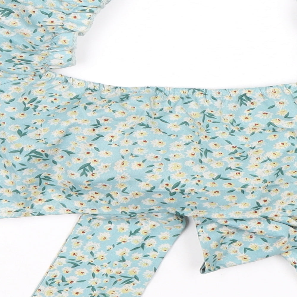 SheIn Womens Blue Floral Polyester Cropped Blouse Size S Sweetheart - Puff Sleeve Tie Front