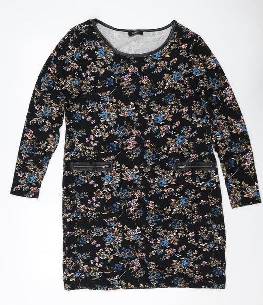 Klass Womens Black Floral Polyester Sheath Size L Boat Neck Pullover