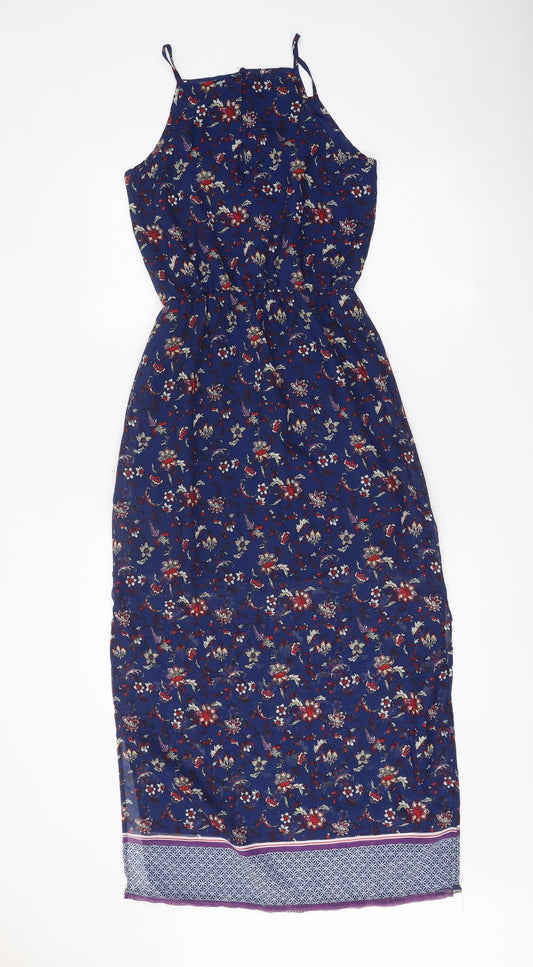 Divided Womens Blue Floral Polyester Slip Dress Size 4 Square Neck Button