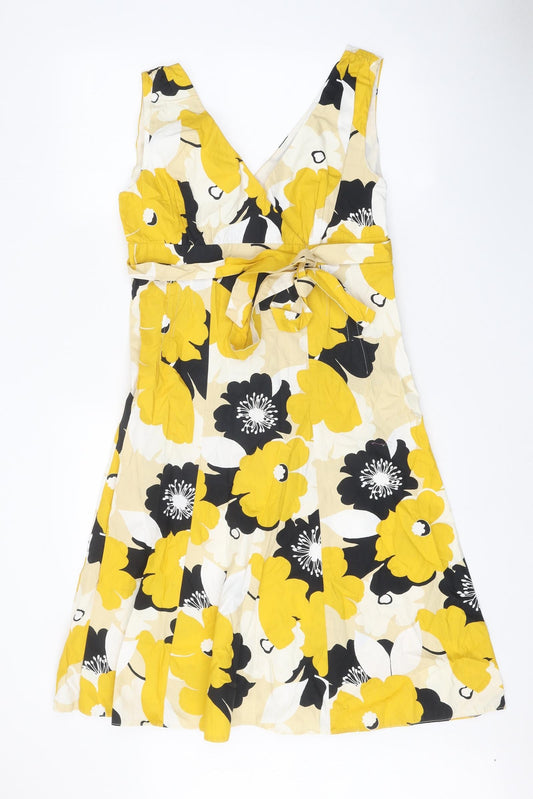 Preworn Womens Yellow Floral Polyester Skater Dress One Size V-Neck Zip