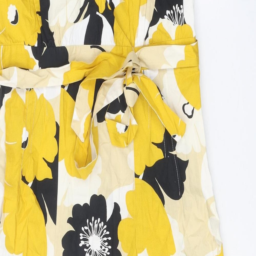 Preworn Womens Yellow Floral Polyester Skater Dress One Size V-Neck Zip