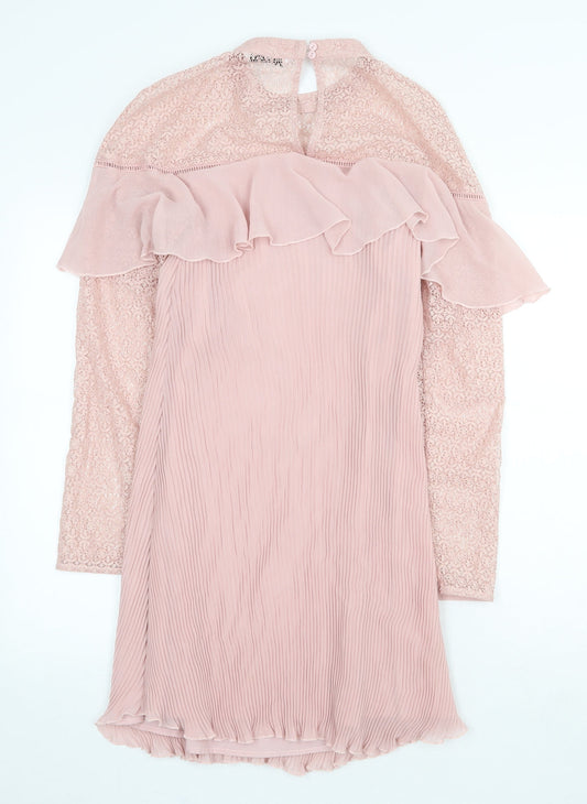 Very Womens Pink Polyester A-Line Size 10 Mock Neck Button - Lace Detail