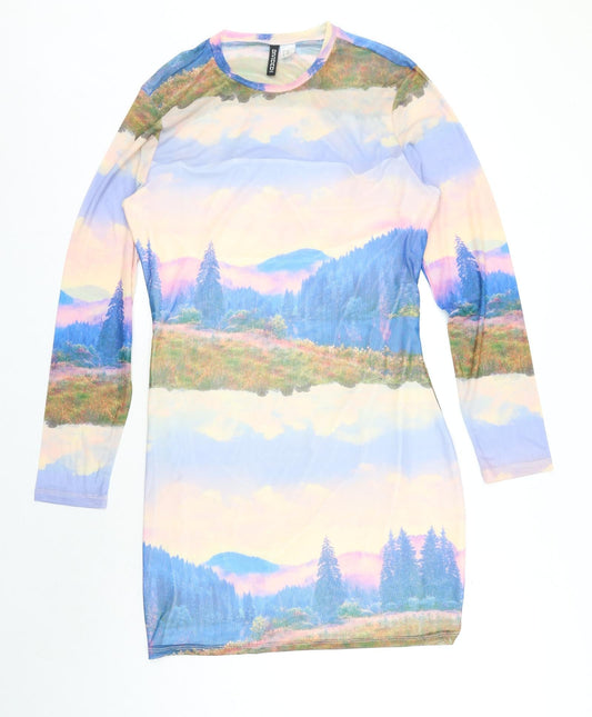 Divided by H&M Womens Multicoloured Geometric Polyester Bodycon Size 2XL Scoop Neck Pullover - Landscape Print
