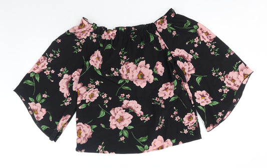 SheIn Womens Black Floral Polyester Basic Blouse Size M Off the Shoulder