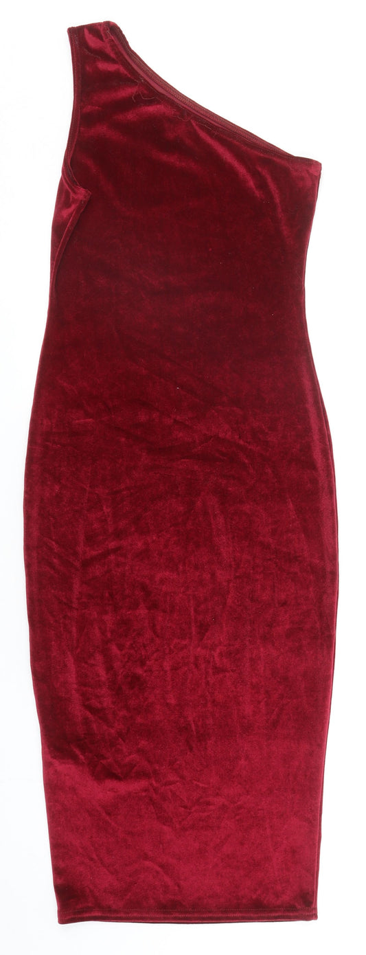 Boohoo Womens Red Polyester Sheath Size 8 One Shoulder Pullover
