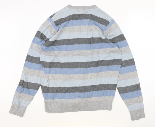 Marks and Spencer Mens Grey V-Neck Striped Cotton Pullover Jumper Size M Long Sleeve