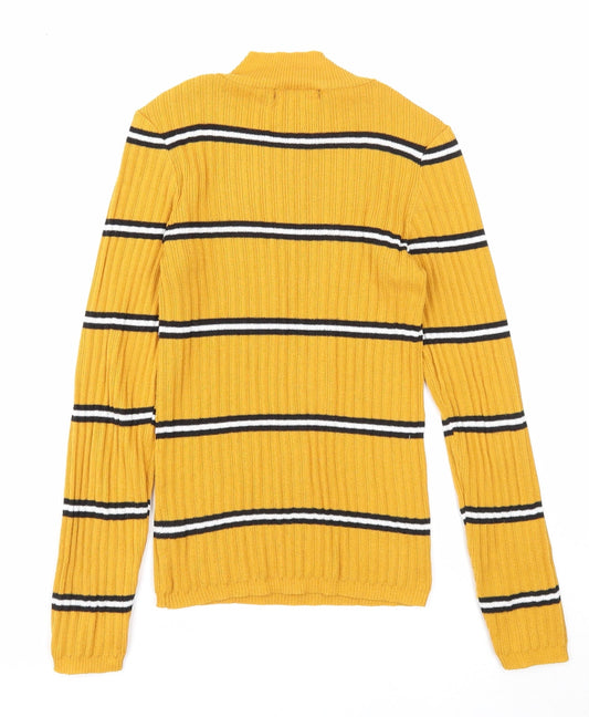 Primark Womens Yellow Mock Neck Striped Polyester Pullover Jumper Size 6