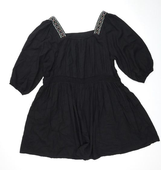 Marks and Spencer Womens Black Linen Trapeze & Swing Size 24 Square Neck Pullover - Shirred Top