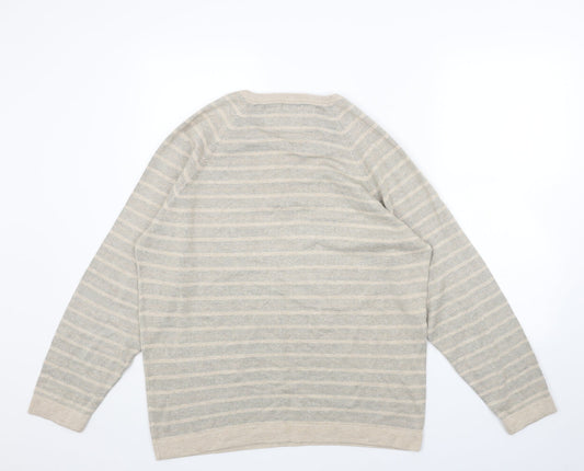 Marks and Spencer Mens Beige V-Neck Striped Acrylic Pullover Jumper Size L Long Sleeve
