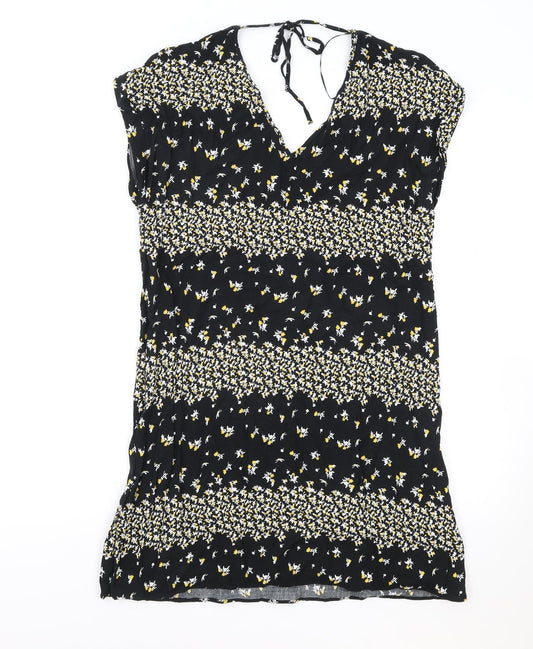 Papaya Womens Black Floral Viscose Shift Size 10 V-Neck Tie