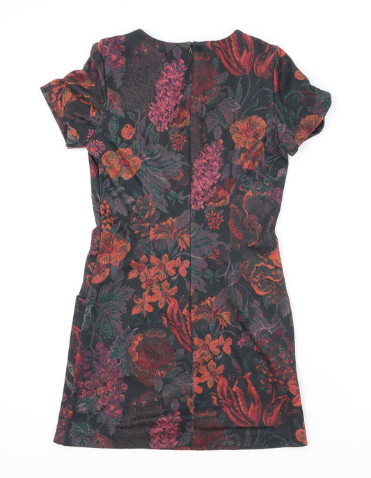 Oasis Womens Black Floral Polyester Shift Size 8 Boat Neck Zip