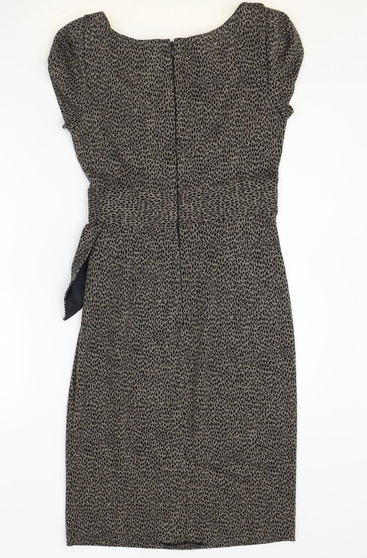 Marks and Spencer Womens Brown Animal Print Acrylic Pencil Dress Size 10 Boat Neck Zip - Leopard Print
